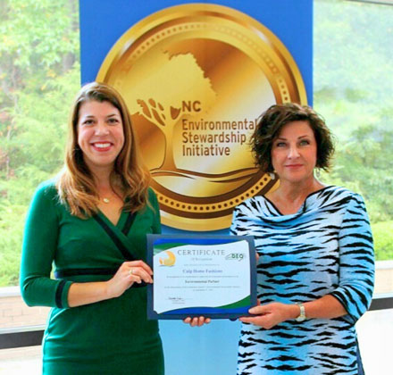 Elizabeth Biser, Secretary of NC Dept. of Environmental Quality presenting certificate recognizing Culp Home Fashions as an Environmental Partner in the Environmental Stewardship Initiative to Jenny Tinsley, Manager Corporate Communications &amp; ESG, Culp, Inc.