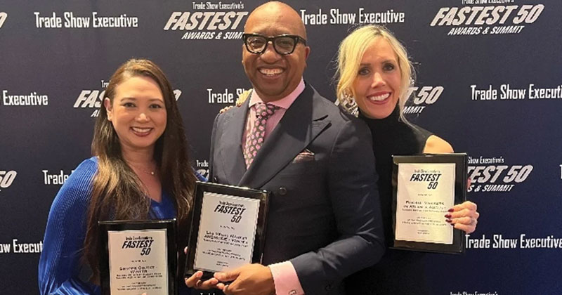 Eight ANDMORE buying events were recognized at Trade Show Executive’s Fastest 50 Awards event. (L-R): ANDMORE’s Jennifer Muna, CEM, senior vice president, operations; Terence Morris, senior vice president, gift; and Caron Stover, senior vice president, apparel, accepted awards for Atlanta Market, Formal Markets, Las Vegas Market and Shoppe Object. 